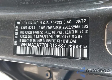 2013 Porsche Panamera 4 z USA, uszkodzony, nr VIN WP0AA2A72DL012387